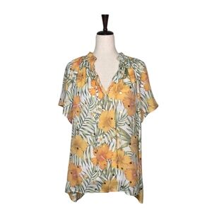 Alex & Parker Yellow Hibiscus Gathered V-neck Flutter Sleeve Blouse Size 2X NWOT